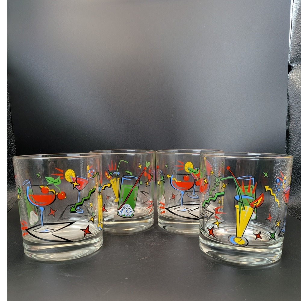 Vintage 1970's Whimsical Italian Cocktail Whiskey Glasses Colorful Set of 4 Mod